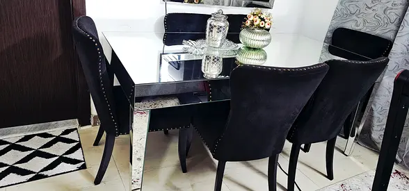 Mirrored Glass Dining Table with 6 Velvet Chairs - Elegant Set