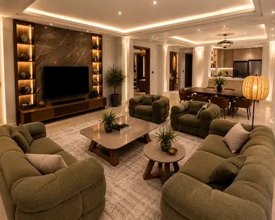 Modern olive-green sofa set with matching coffee tables