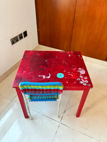 Small red wooden  kids craft table with chair
