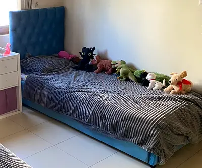 Single blue upholstered bed with mattress (good condition) for kids or maid or single