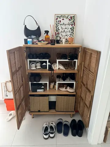 Wooden Shoe Cabinet with Woven Doors / H 125 x W80 x D 40