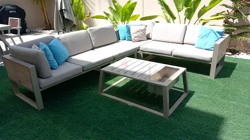 Outdoor L-shaped Patio Sofa Set with Coffee Table - Light Grey plus dining table