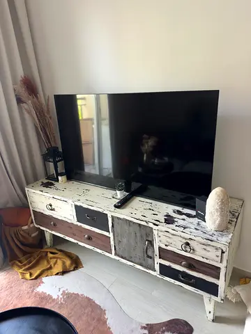 Distressed White Rustic TV Stand / Entertainment Cabinet - Solid Wood