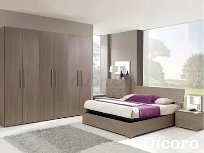 Modern 4-Piece Bedroom Set with Wardrobe, Bed, Nightstand and Dresser - Light Wood