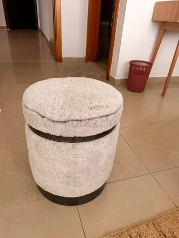 Round Faux Fur Ottoman Pouffe — Light Grey, Good Condition