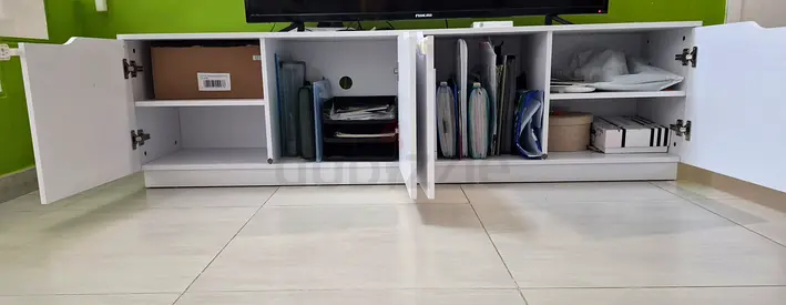 Low white TV cabinet / media console with storage — good condition