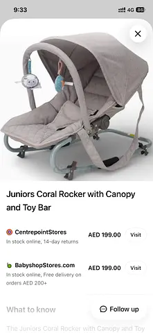 Juniors Coral Baby Rocker with Canopy and Toy Bar - Light Grey never used. It’s a sealed piece,,