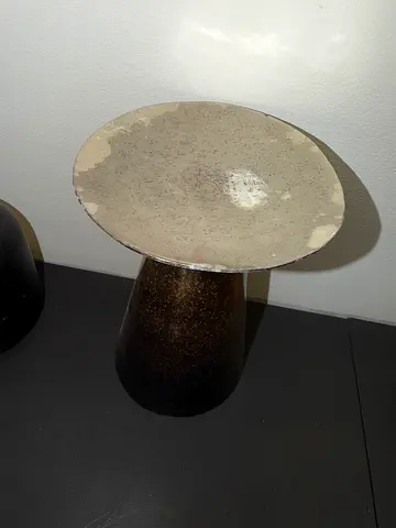 Pair of small cylindrical side tables/stools - dark brown finish all decorations