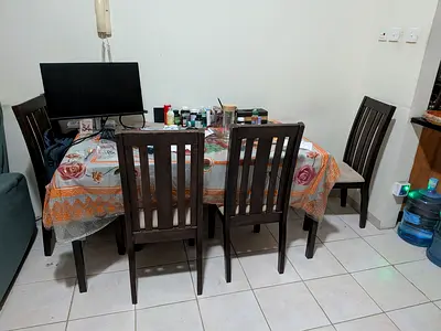 Solid Wood Dining Table with 6 Chairs - Dark Finish glass table top