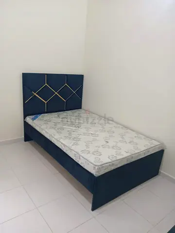 Double Bed Frame with Mattress — Blue Upholstered Headboard