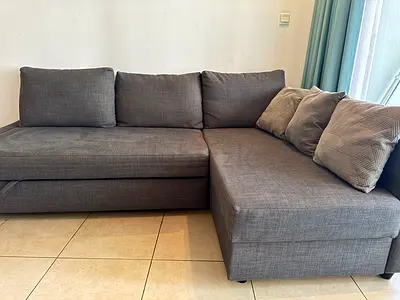 Grey L-shaped Fabric Sofa with Storage — Good Condition