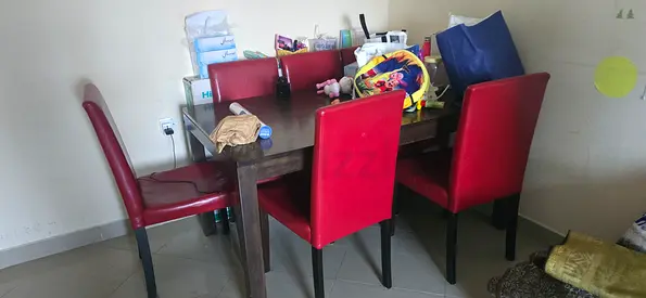 Wooden Dining Table with 5 Red Leather Chairs - Good Condition