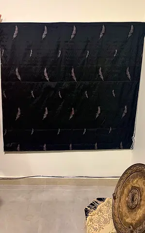 Black Roman-style Fabric Blind with Feather Pattern - Ready to Install