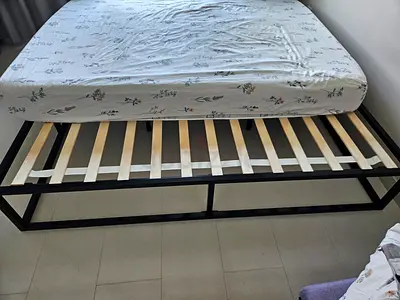 Metal Bed Frame with Wooden Slats - Queen Size (Good Condition) and medical orthopedic mattress
