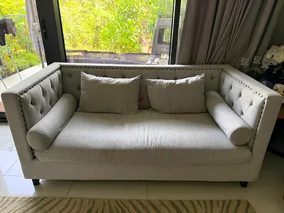 Light grey tufted 3-+ 2 seater sofa with bolster cushions