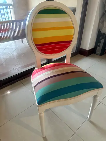 Statement chair - White wooden dining/occasional chair with multicolor striped upholstery