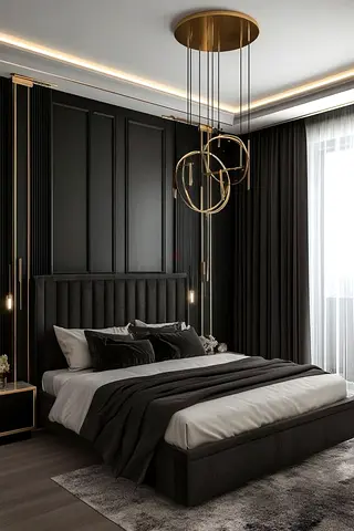 Modern Black Upholstered Bed Frame with Ribbed Headboard