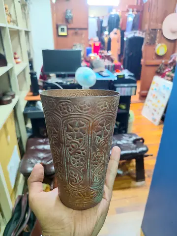 Antique Hand-Engraved copper Cup with Floral Motif 14cm Tall