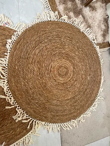 Handmade Round Jute Rug with Fringe — Natural Boho Style, Good Condition