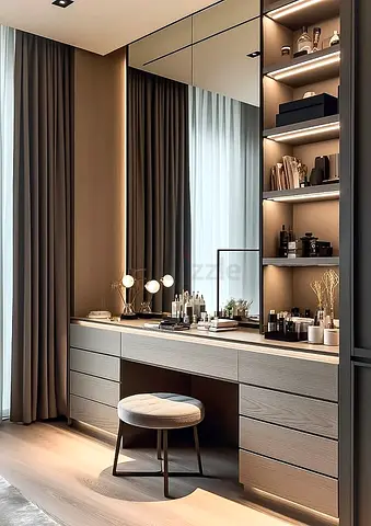 Modern built-in vanity dresser with mirror and shelving