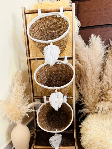 Handmade 3-Tier Hanging Seagrass Basket Ladder with Macramé Accents