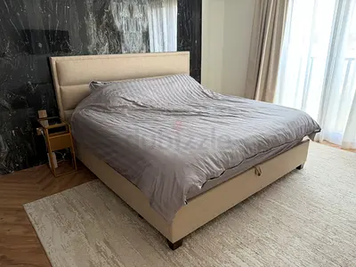 Queen fabric bed frame with storage - beige, good condition