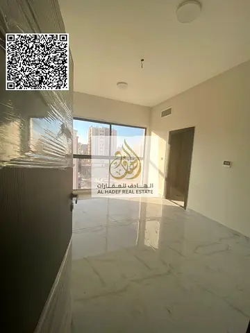 One bedroom, living room, balcony, two bathrooms, and kitchen. First occupancy. Five minutes from Mohammed Bin Zayed Road.
