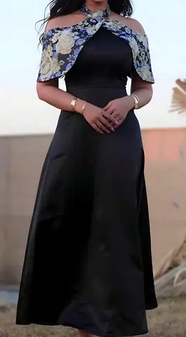 Elegant Black Satin Evening Gown with Floral Cold-Shoulder Detail