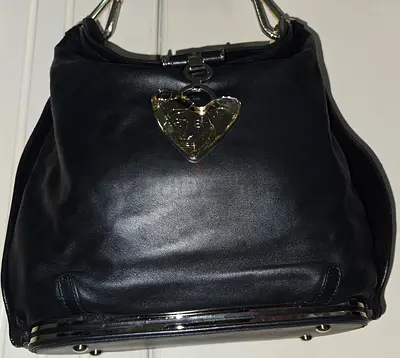 Genuine Versace Black Leather Shoulder Bag with Heart Charm and Metal Base