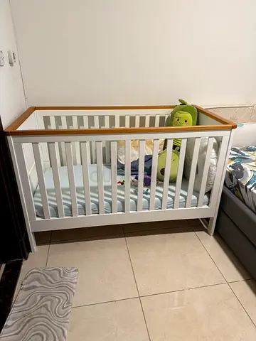 Wooden Baby Crib - White with Natural Trim, Good Condition