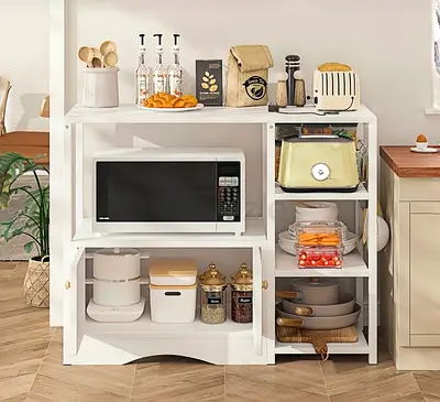 White Wooden Kitchen Storage Rack with Cabinets and Open Shelves