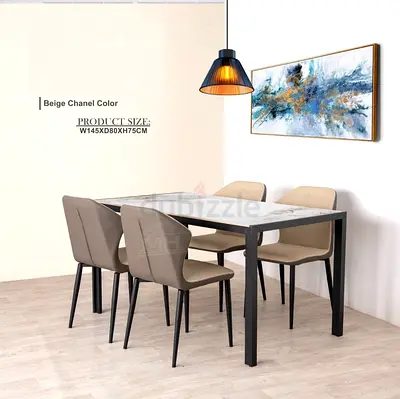 Modern Beige 4-Seater Dining Table Set – Marble Top  Steel Legs for UAE Homes