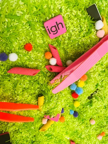 Sensory Rice Play Set with Tweezers and Pom-Poms — never used