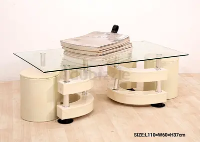 Glass Top Modern Coffee Table with Cream Pedestal Base (L110×W60×H37cm)