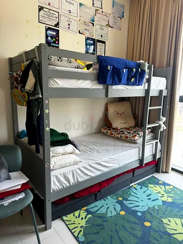 Grey Wooden Bunk Bed for Kids — Good Condition with two mattress