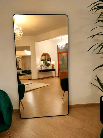Large Full-Length Rectangular Wall Leaning Mirror with Slim Black Frame
