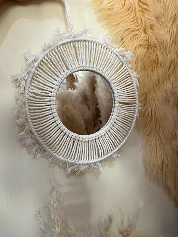 Handmade Boho Macrame Round Wall Mirror - Cream