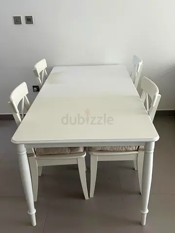 Ikea Rosentorp White Wooden Dining Table with 4 Matching Chairs — Good Condition