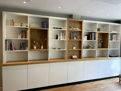 Large Built-in Wall Bookshelf and Cabinet Unit - White with Oak Accents