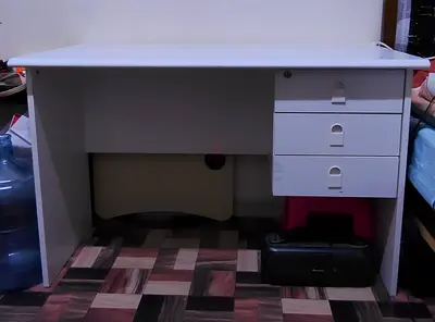 White office study desk with 3 drawers - compact and sturdy