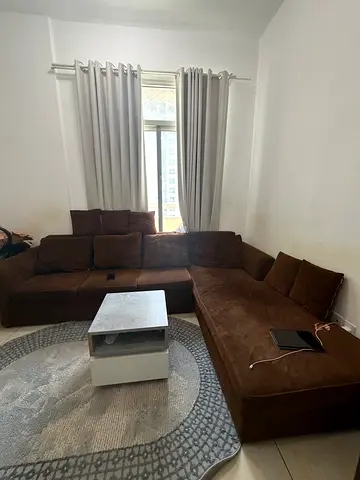 Brown L-shaped Suede Corner Sofa with Cushions - Good Condition-