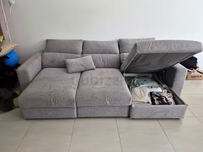Grey L-shaped Storage Sofa with Chaise — Good Condition