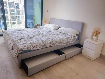 King size storage bed with under-bed drawers - light grey and mattress