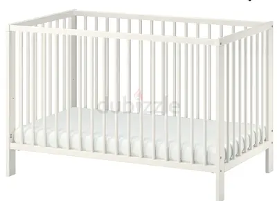White Wooden Baby Crib with Mattress - Good Condition