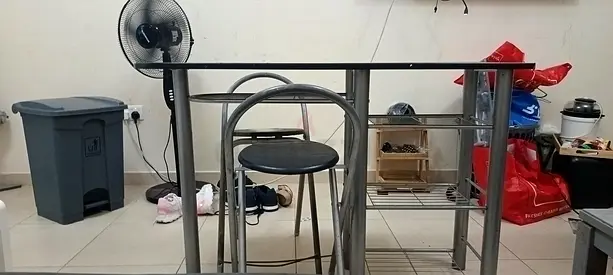 Metal and Glass Bar Table with 2 Stools - Good Condition