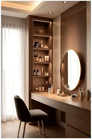 Wooden Built-in Vanity Dressing Table with Shelves and Round Mirror