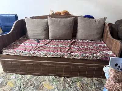 Wooden daybed with mattress , storage and cushions - good condition