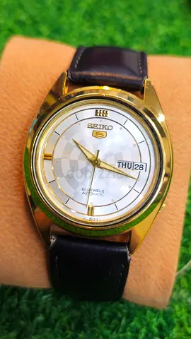 Seiko 5 Automatic Mens Watch - Gold Case, White Dial, Leather Strap(Used)NO BOX NO PAPER