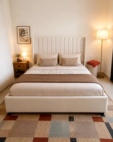 Beige Upholstered Queen Bed with Headboard