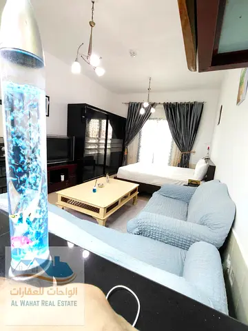 Furnished studio apartment available for monthly rent in Al Nuaimiah 1, Tower C. Price: 3000 (includes all bills and internet).